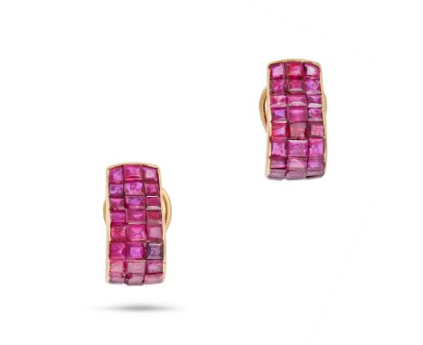 A PAIR OF INVISIBLY SET RUBY HOOP EARRINGS in 18ct yellow gold, each designed as a half hoop invisibly set with square step c