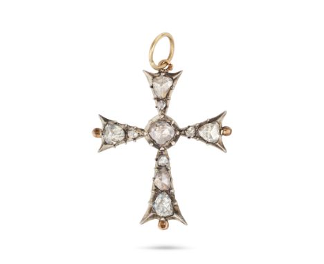 AN ANTIQUE DIAMOND CROSS PENDANT in yellow gold and silver, designed as a cross set throughout with rose cut diamonds, no ass