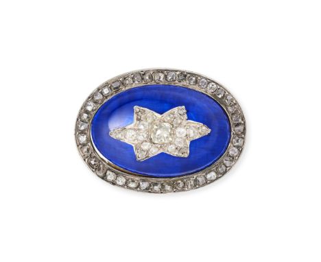 AN ANTIQUE DIAMOND AND ENAMEL BROOCH in yellow gold and silver, the oval face deocrated in blue enamel, inlaid with a star mo