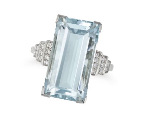 AN AQUAMARINE AND DIAMOND RING set with a rectangular step cut aquamarine of approximately 9.10 carats, the stepped shoulders