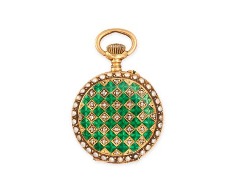 AN ANTIQUE SWISS PEARL, DIAMOND AND ENAMEL FOB WATCH in 18ct yellow gold, the white enamel dial with blue painted Arabic numb