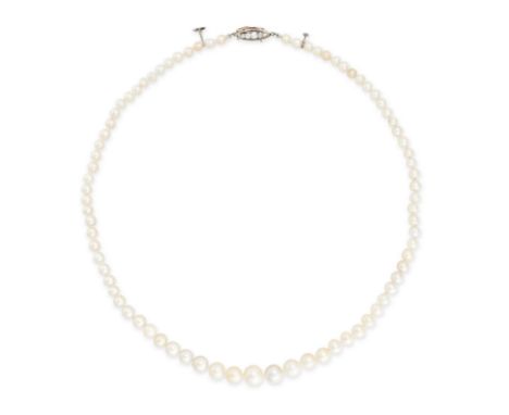 A FINE NATURAL SALTWATER PEARL AND DIAMOND NECKLACE in platinum and yellow gold, comprising a single row of pearls ranging fr