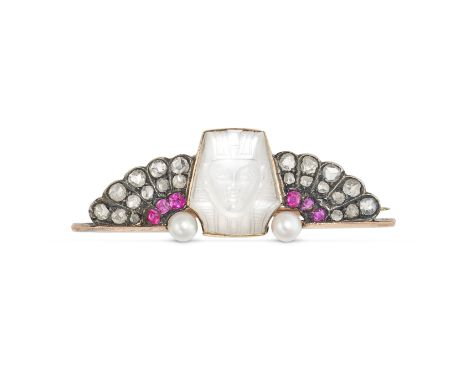 A FINE ANTIQUE EGYPTIAN REVIVAL MOONSTONE, DIAMOND, RUBY AND PEARL PHARAOH BROOCH in yellow gold, set with a moonstone carved