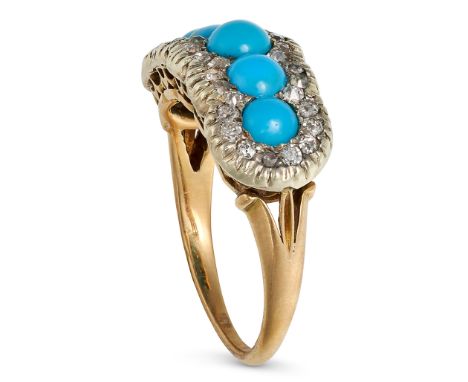 A TURQUOISE AND DIAMOND CLUSTER RING in yellow gold and silver, set with a row of round cabochon ...