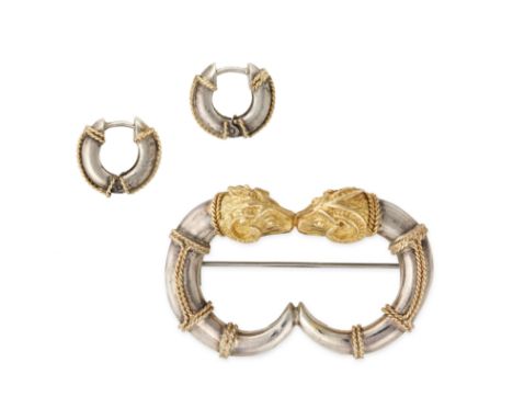 A RAM BROOCH AND EARRINGS SUITE in 18ct yellow gold and silver, the openwork brooch designed as two ram heads accented by rop