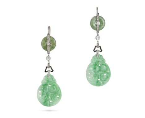 A PAIR OF ART DECO JADEITE JADE, DIAMOND AND ENAMEL DROP EARRINGS each set with a polished jadeite jade disc accented by a li