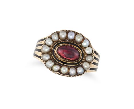 AN ANTIQUE GEORGIAN MOURNING RING in yellow gold, set with an oval cabochon garnet in a cluster of pearls, the band accented 