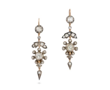 A PAIR OF ANTIQUE DIAMOND DROP EARRINGS in yellow gold and silver, each in foliate design set with old cut and rose cut diamo