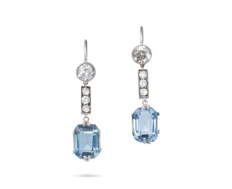 A PAIR OF AQUAMARINE AND DIAMOND DROP EARRINGS in white gold and silver, each comprising a row of old cut diamonds, suspendin