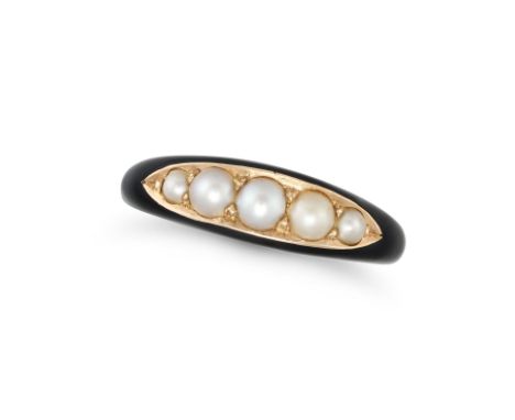 AN ANTIQUE VICTORIAN PEARL AND ENAMEL MOURNING RING in yellow gold, set with a row of pearls accented by black enamel, inscri