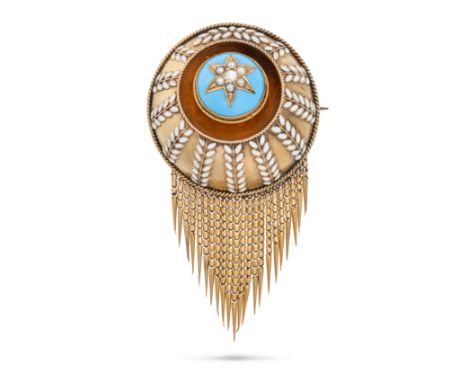 A FINE ANTIQUE ENAMEL AND PEARL TASSEL MOURNING BROOCH, 19TH CENTURY the circular domed face decorated with turquoise enamel,