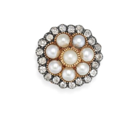 A PEARL AND DIAMOND CLUSTER RING in yellow gold and silver, set with a cluster of pearls, in a border of old cut diamonds, th