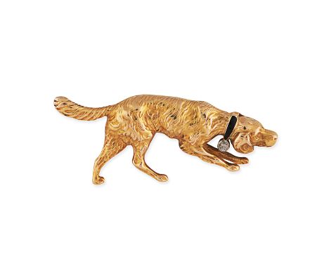 A DIAMOND AND ENAMEL DOG BROOCH in yellow gold, designed as a dog, the collar in black enamel with an old cut diamond, no ass
