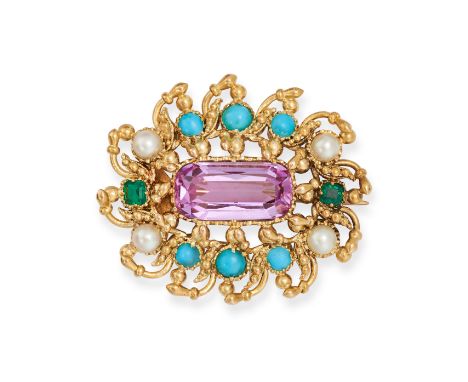 AN ANTIQUE PINK TOPAZ, EMERALD, TURQUOISE AND PEARL BROOCH in yellow gold, set with a elongated cushion cut pink topaz of app