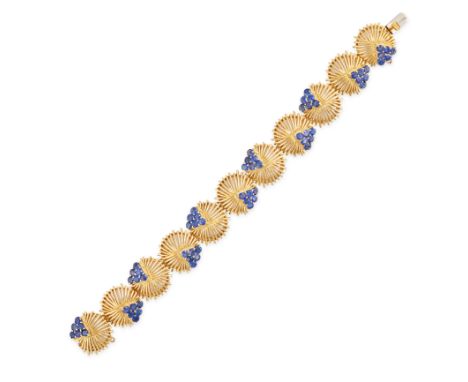 TIFFANY &amp; CO., A VINTAGE SAPPHIRE BRACELET in 18ct yellow gold, comprising a row of circular openwork links accented by c
