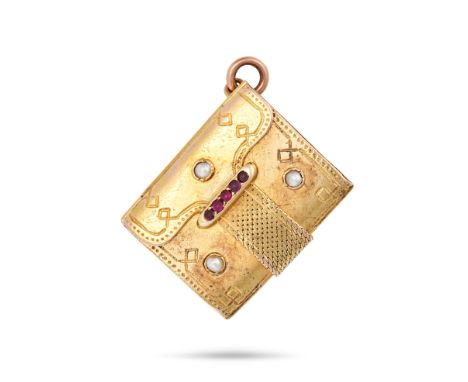 A RARE ANTIQUE RUBY AND PEARL LOCKET PENDANT in yellow gold, designed as a book, set with round c...