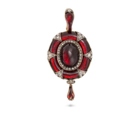 A FINE ANTIQUE GARNET AND DIAMOND PENDANT, 19TH CENTURY in yellow gold and silver, set with an oval cabochon garnet in a bord