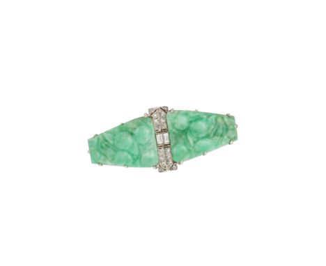 A VINTAGE UNTREATED JADEITE JADE AND DIAMOND DOUBLE CLIP BROOCH in 9ct white gold, set with two pieces of jadeite jade carved