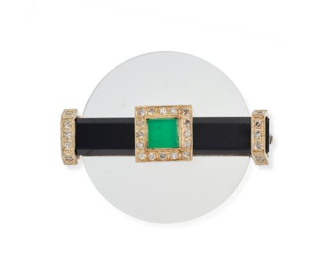 A VINTAGE CHRYSOPRASE, ROCK CRYSTAL, ONYX AND DIAMOND BROOCH in white gold, comprising a rock crystal disc set with an onyx b