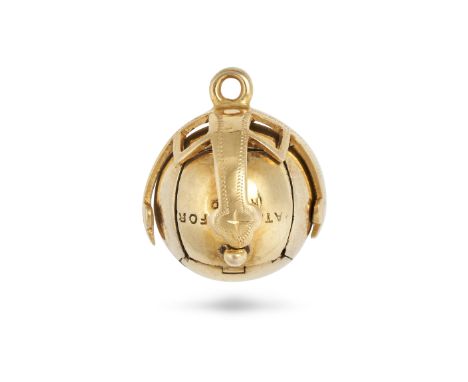 AN ANTIQUE MASONIC PUZZLE BALL LOCKET PENDANT in yellow gold and silver, the spherical body with engraved decoration, opening