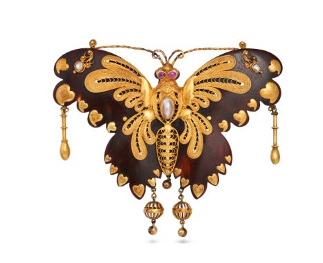 AN ANTIQUE TORTOISESHELL, PEARL AND RUBY BUTTERFLY BROOCH the tortoiseshell carved to depict a butterfly, set with pearls, th