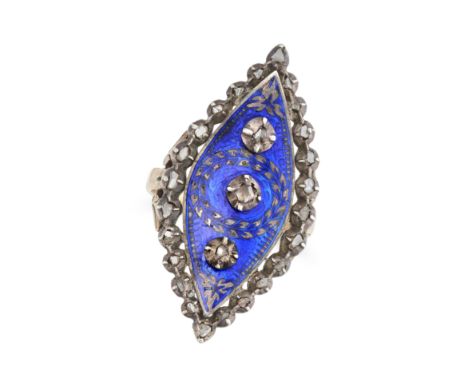 AN ANTIQUE DIAMOND AND ENAMEL RING in yellow gold and silver, the navette face set with rose cut diamonds, decorated with blu