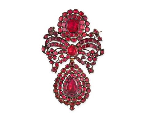 A FINE ANTIQUE GARNET GIRANDOLE BROOCH, 18TH CENTURY in silver, the articulated body set throughout with round, cushion and p