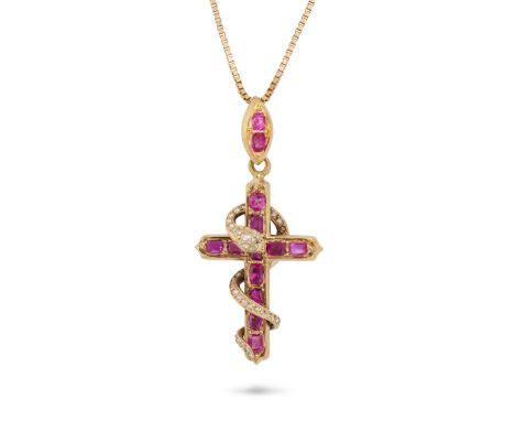 A FINE ANTIQUE FRENCH RUBY AND DIAMOND CROSS AND SNAKE PENDANT NECKLACE in 18ct yellow gold and 14ct yellow gold, designed as