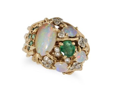 A MODERNIST OPAL, EMERALD AND DIAMOND RING in 18ct yellow gold, in modernist design, set with oval cabochon opals, round cut 