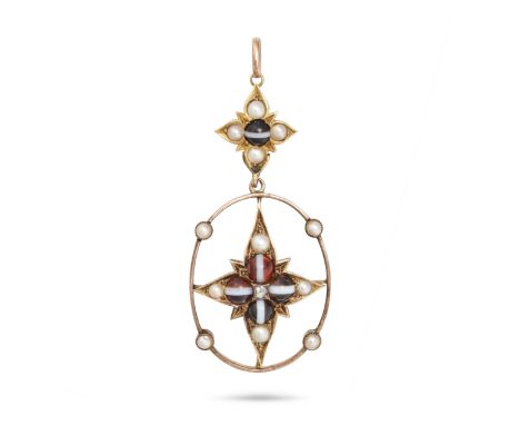 AN ANTIQUE BANDED AGATE AND PEARL PENDANT in yellow gold, set with a polished banded agate bead in a border of pearls, suspen