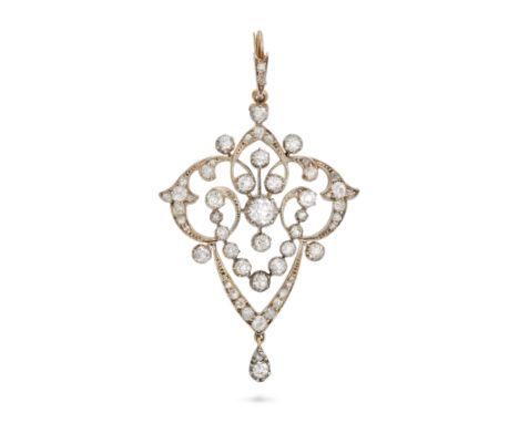 AN ANTIQUE DIAMOND PENDANT in yellow gold and silver, the openwork pendant set throughout with old and rose cut diamonds, the