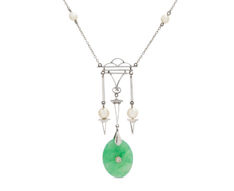 A JADEITE JADE AND PEARL PENDANT NECKLACE in 9ct white gold, the pendant suspending a polished jadeite jade drop accented by 