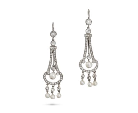 A PAIR OF ANTIQUE PEARL AND DIAMOND DROP EARRINGS in platinum, each comprising a row of old cut diamonds suspending a taperin