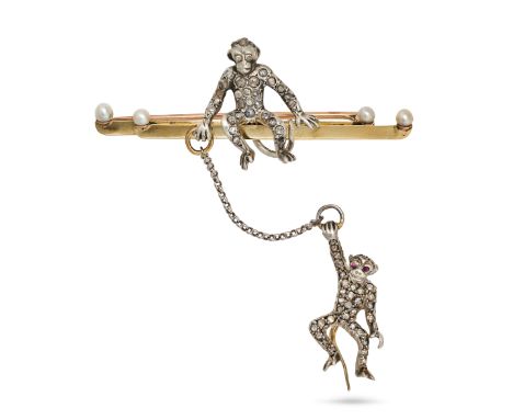 AN ANTIQUE VICTORIAN DIAMOND, RUBY AND PEARL MONKEY BAR BROOCH in 9ct yellow gold and silver, designed as a monkey perched on