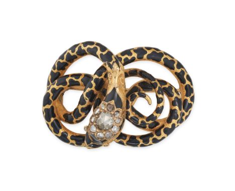 AN ANTIQUE DIAMOND AND ENAMEL SNAKE BROOCH / PENDANT in yellow gold, designed as a coiled snake, the head set with a cluster 
