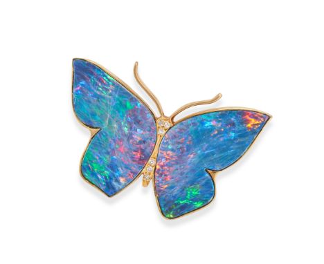 AN OPAL AND DIAMOND BUTTERFLY BROOCH / PENDANT&nbsp;in 18ct yellow gold, designed as a butterfly, the wings set with opal, th