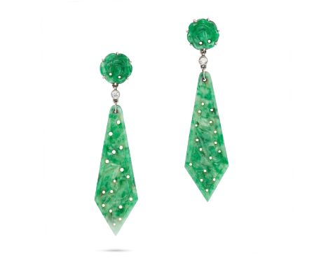 A PAIR OF JADEITE JADE AND DIAMOND DROP EARRINGS in white gold, each set with a carved jadeite jade disk suspending an articu