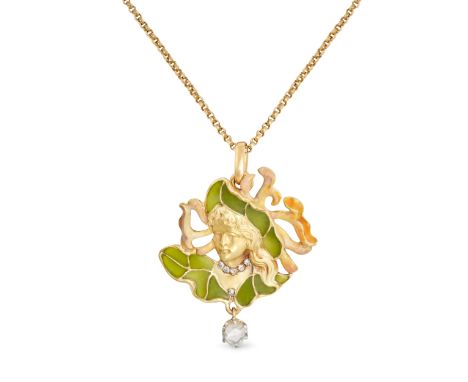 AN ANTIQUE ART NOUVEAU ENAMEL AND DIAMOND PENDANT NECKLACE in yellow gold, the pendant designed as a woman wearing a diamond 