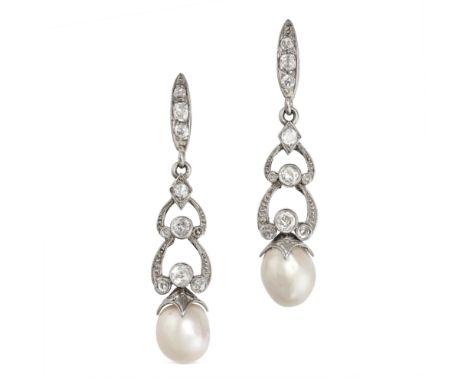 A PAIR OF VINTAGE DIAMOND AND NATURAL SALTWATER PEARL DROP EARRINGS comprising a row of old cut diamonds suspending a row of 