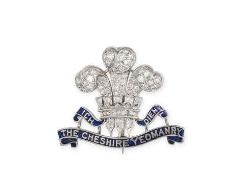 AN ANTIQUE DIAMOND AND ENAMEL CHESHIRE YEOMANRY BROOCH in white gold, designed as the badge of The Cheshire Yeomanry, the Pri