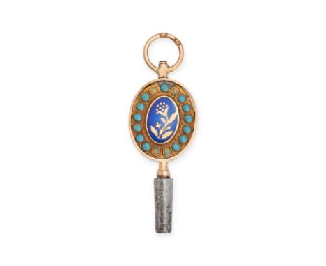 AN ANTIQUE ENAMEL WATCH KEY PENDANT, LATE 19TH CENTURY in yellow gold, the oval face with a flower motif in blue enamel on ea