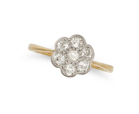 A DIAMOND CLUSTER RING in yellow gold, set with a cluster of old cut diamonds, no assay marks, size M1/2 / 6.5, 2.1g.&nbsp;