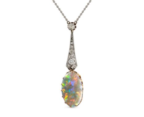 A NATURAL AUSTRALIAN BLACK OPAL AND DIAMOND PENDANT NECKLACE in white gold, comprising an old cut diamond suspending a taperi