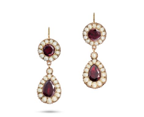 A PAIR OF ANTIQUE GARNET AND PEARL CLUSTER DROP EARRINGS in yellow gold, each set with a round cut garnet in a cluster of see