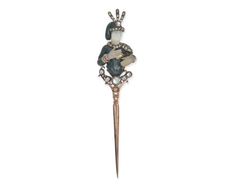 AN ANTIQUE BLOODSTONE AND DIAMOND PIN in 9ct rose gold and silver, designed as a Renaissance gentleman, the hands and face fo