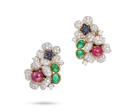 A PAIR OF RUBY, SAPPHIRE, EMERALD AND DIAMOND FLOWER CLIP EARRINGS in 18ct yellow and white gold, designed as a floral spray 