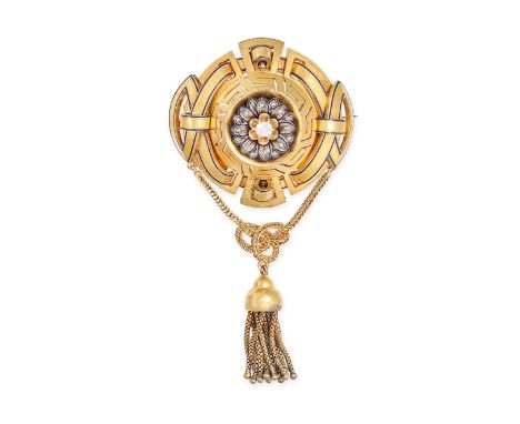 A DIAMOND AND ENAMEL ETRUSCAN REVIVAL BROOCH in yellow gold, in Etruscan revival style, set to the centre with a floral motif