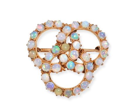 AN ANTIQUE&nbsp; OPAL BROOCH in yellow gold, designed as three interlocking rings, set throughout with round cabochon opals, 