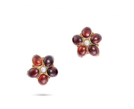 A PAIR OF GARNET AND PEARL CLUSTER EARRINGS in 9ct yellow gold, each set a seed pearl in a cluster of oval cabochon garnets, 