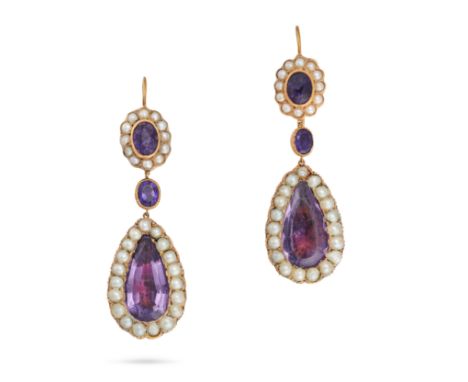 A PAIR OF ANTIQUE AMETHYST AND PEARL CLUSTER DROP EARRINGS in yellow gold, each set with an oval cut amethyst in a cluster of